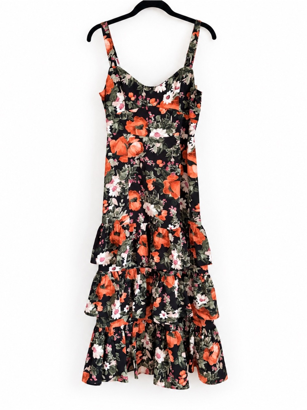 Floral Tiered Black & Orange Sundress